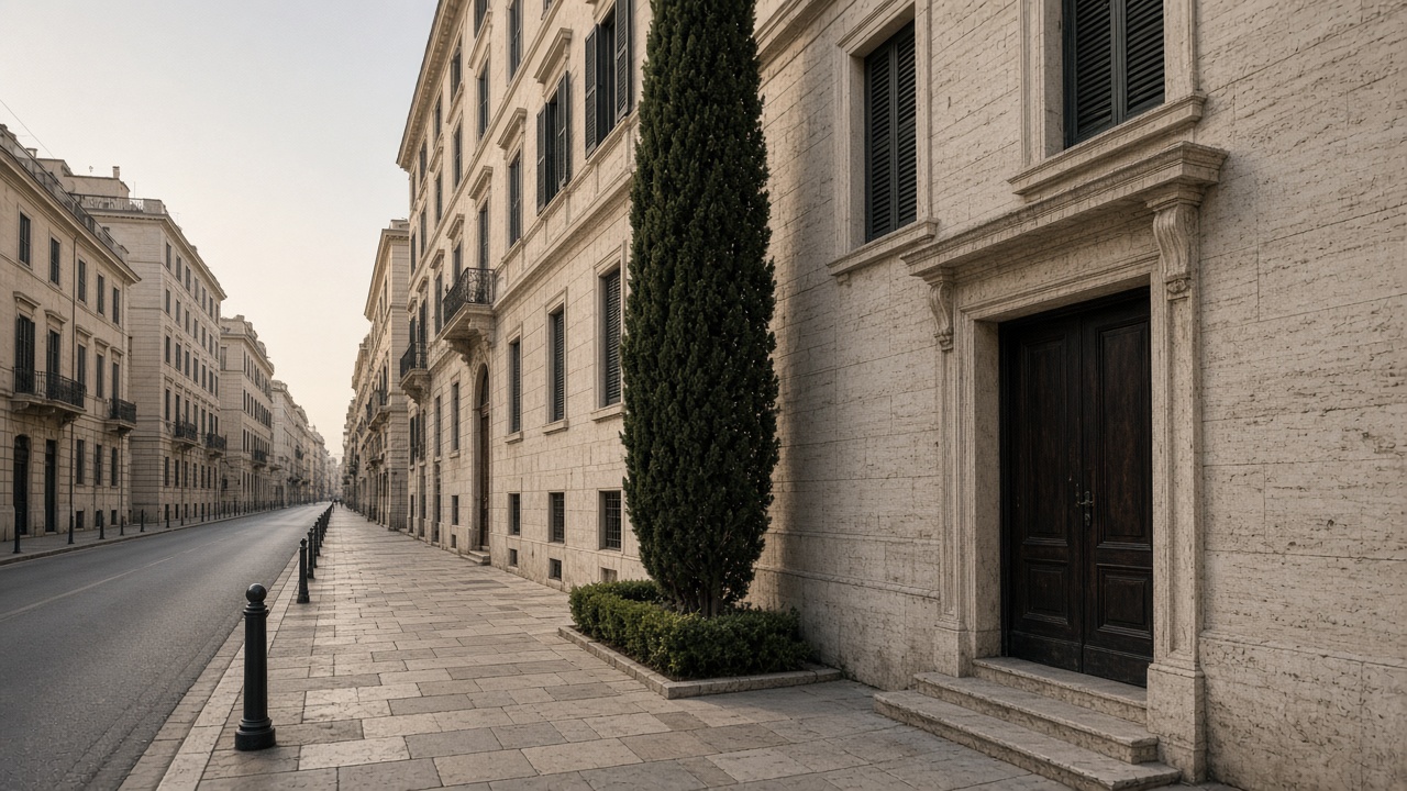 Via di Prati a Roma, travertino e un cipresso nel tardo pomeriggio