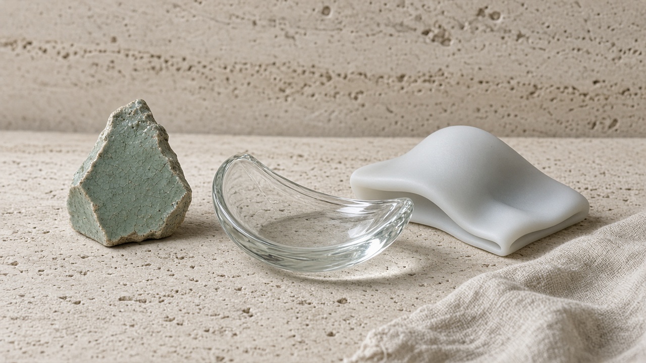 Ceramica, vetro e silicone su una lastra di travertino