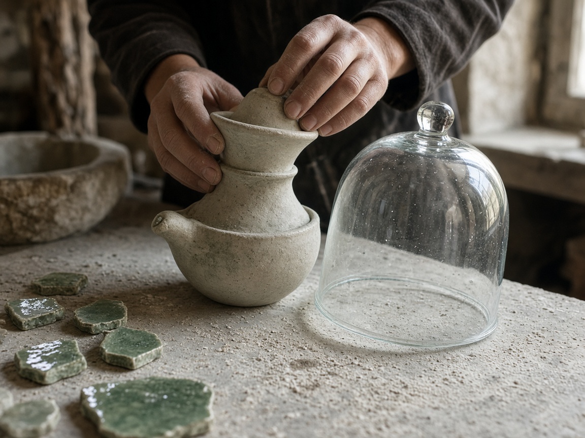 Mani che assemblano una cupola di vetro e una ciotola in ceramica